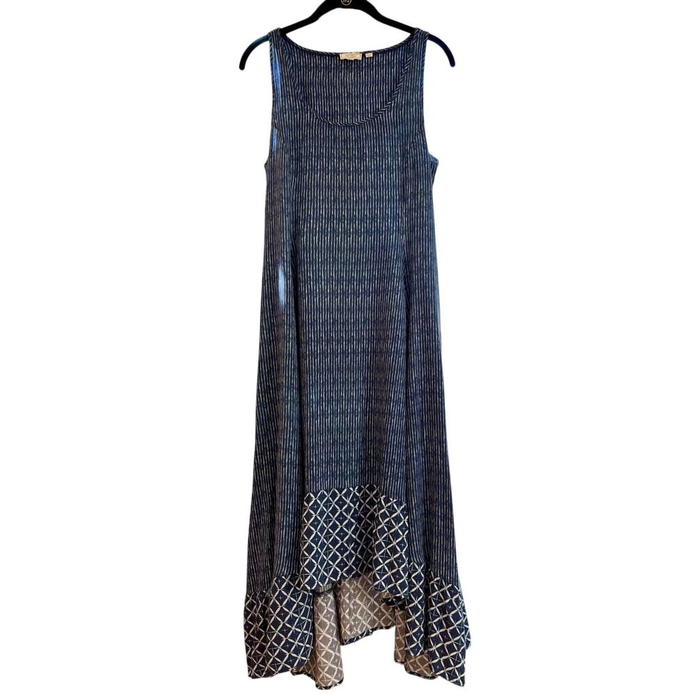 FAT FACE Sz L Dress Indigo Blue Batik Floral Pattern Hi-Lo Hem Sleeveless Flowy